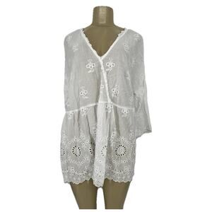 J. Jill Large Women Eyelet Pullover V-neck Top Semi Sheer Cotton White SPOT PR19